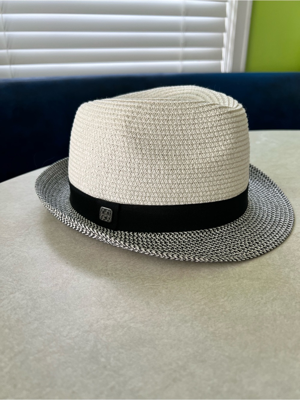Calvin Klein White Fedora with Black Band and Patterned Brim